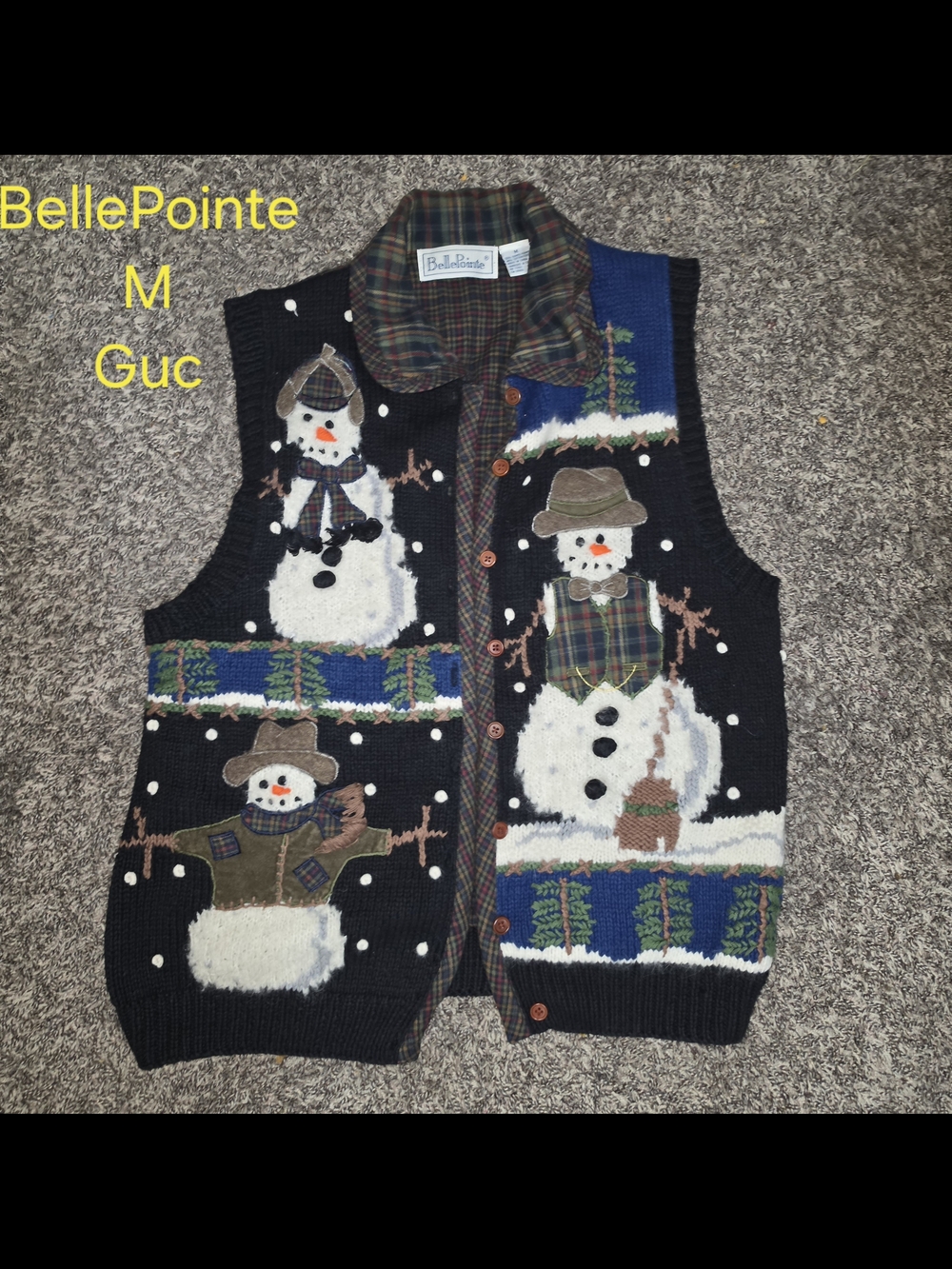 BellePointe Snowman Holiday Sweater Vest - Black with Plaid Collar
